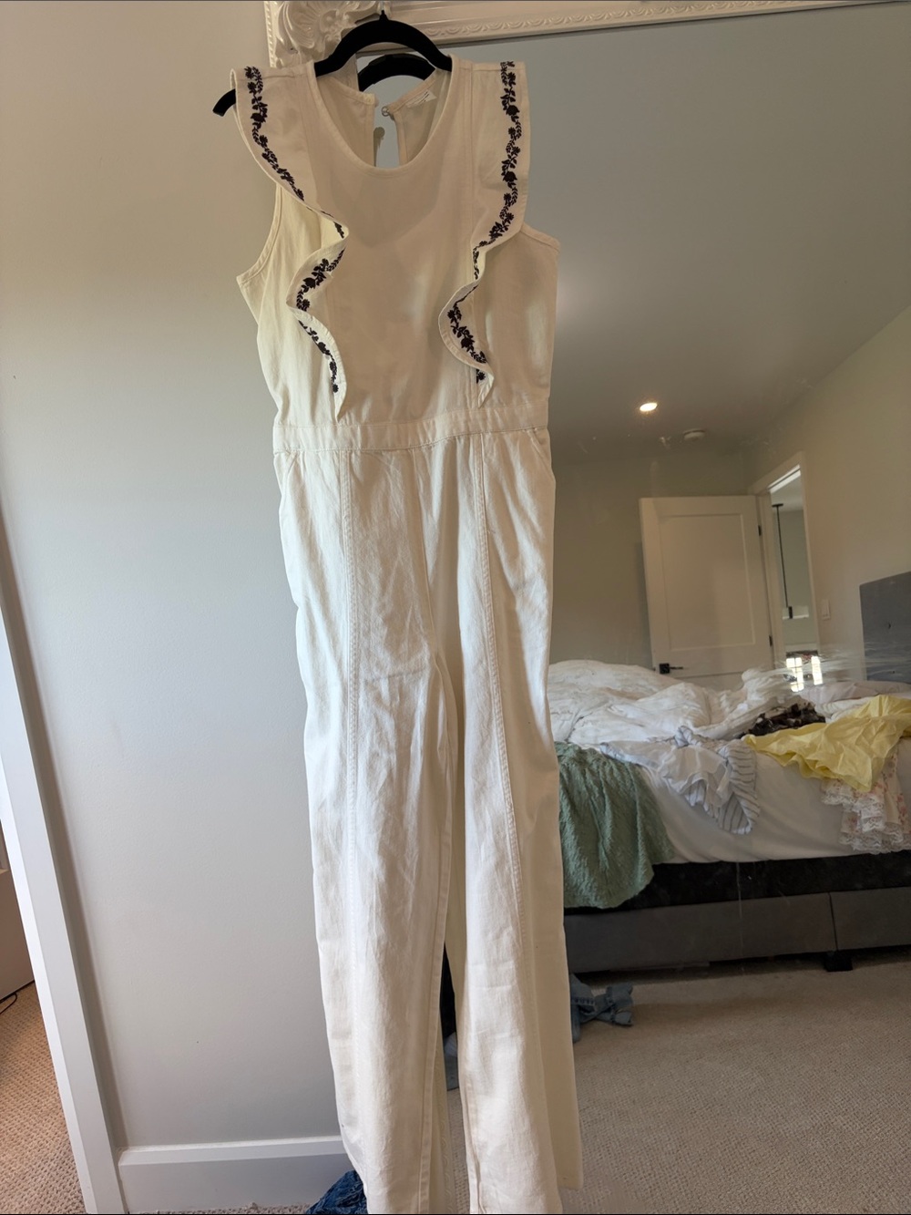 Never worn Abercrombie kids Cream Ruffle-Trim Embroidered Jumpsuit
